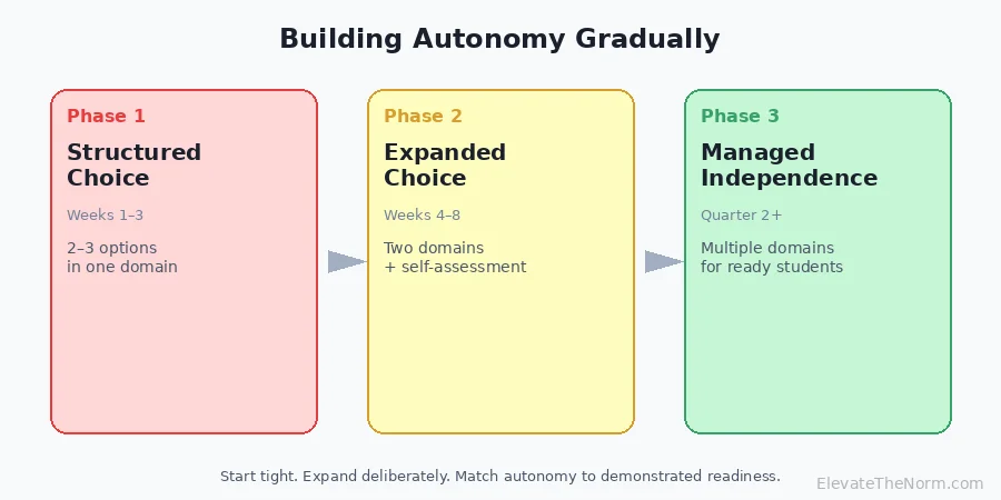 Three-phase framework for building student autonomy from structured choice to expanded choice to managed independence