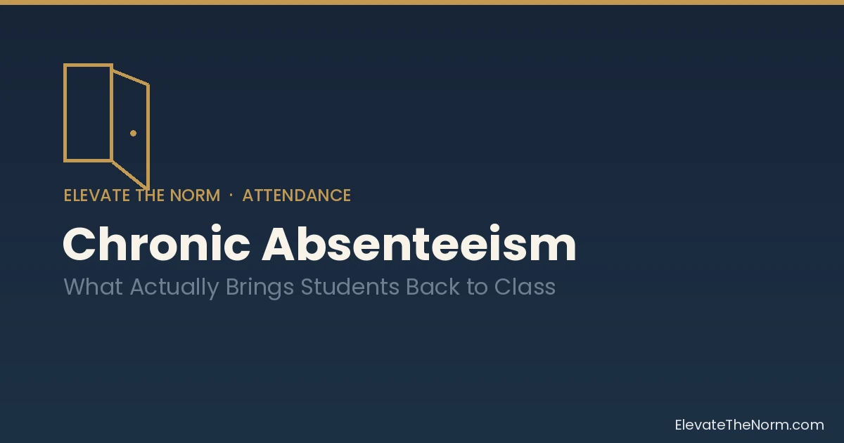Title card reading Chronic Absenteeism: What Actually Brings Students Back to Class, with a line-art open-door icon on a navy background