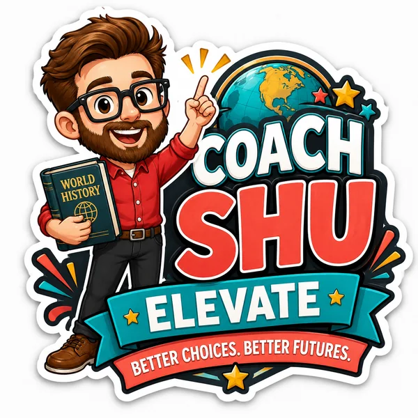 Illustrated Coach Shu character holding a World History book beside a globe, next to bold “Coach Shu” and “Elevate” lettering and the banner “Better choices. Better futures.”