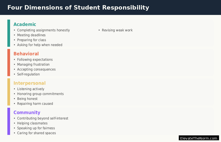 Infographic showing four dimensions of student responsibility: academic, behavioral, interpersonal, and community