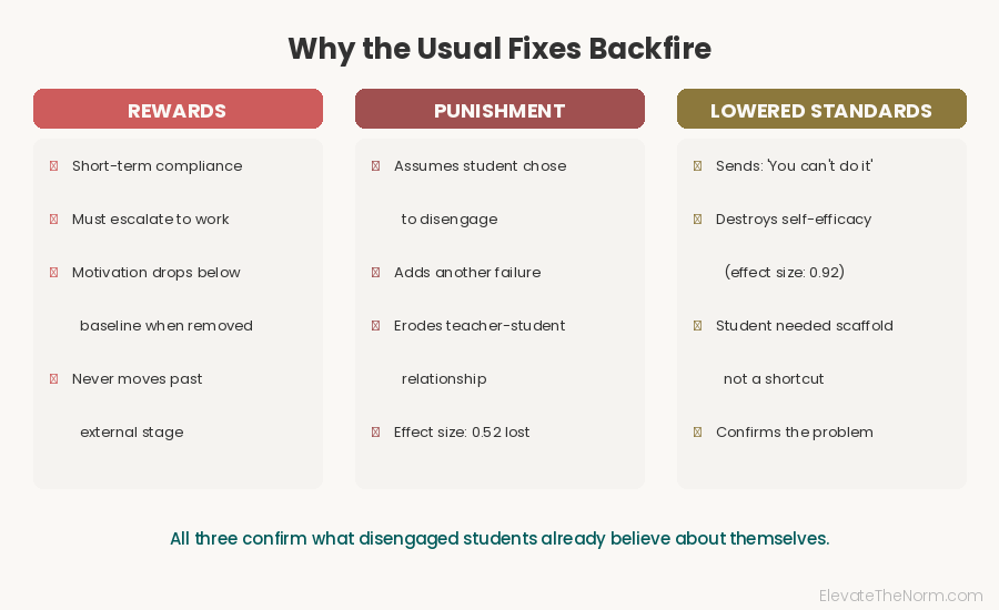 Why rewards punishment and lowered standards backfire for disengaged students showing three columns of failed strategies