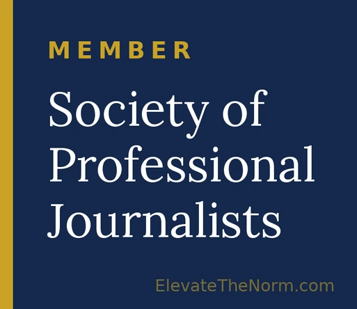 Navy and gold badge reading Member, Society of Professional Journalists