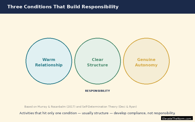 Diagram showing the three conditions research identifies for building adolescent responsibility: warm adult relationships, structured environment with clear expectations, and genuine autonomy within structures