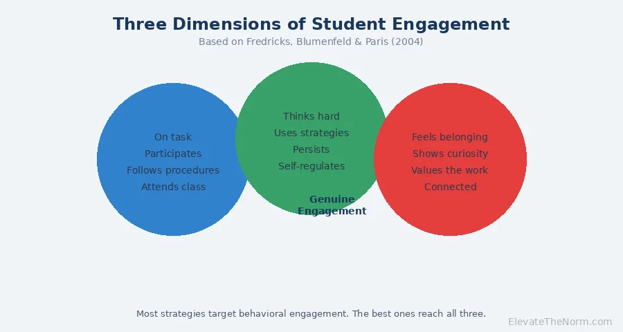 Diagram showing behavioral cognitive and emotional dimensions of student engagement based on Fredricks Blumenfeld and Paris 2004