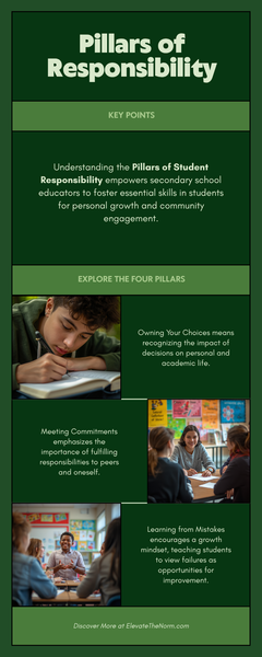 Four pillars of student responsibility: owning choices, meeting commitments, learning from mistakes, contributing to the group