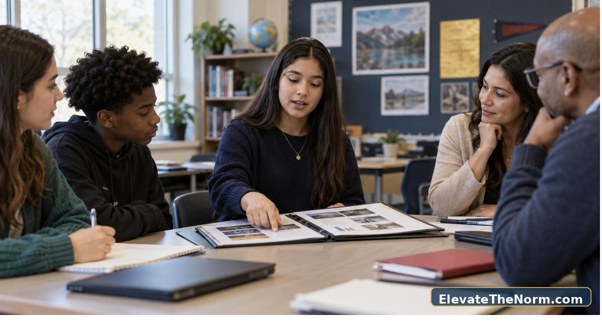 A secondary student leading a conference with adults using portfolio evidence