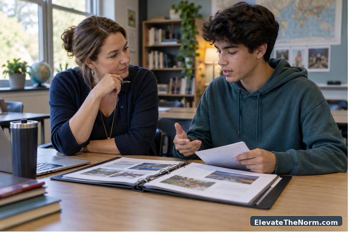Teacher coaching a student as they rehearse a student-led conference