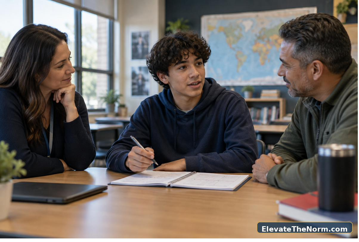 Student teacher and parent agreeing on a next step after a student-led conference