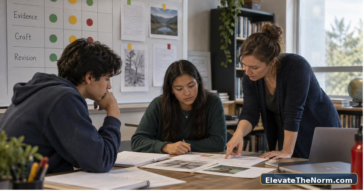 Teacher and high school students reviewing skill evidence in a standards-based grading conference