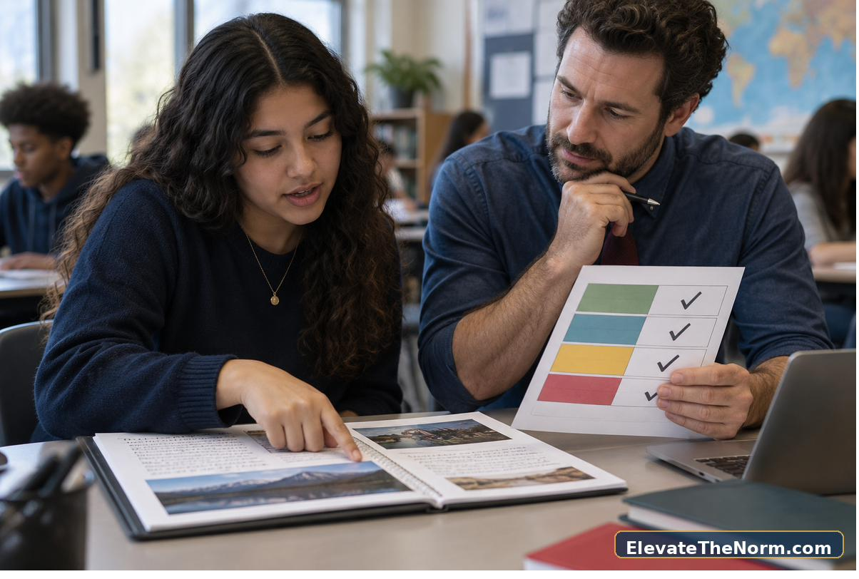 Teacher and student comparing a project with a four-level standards-based rubric