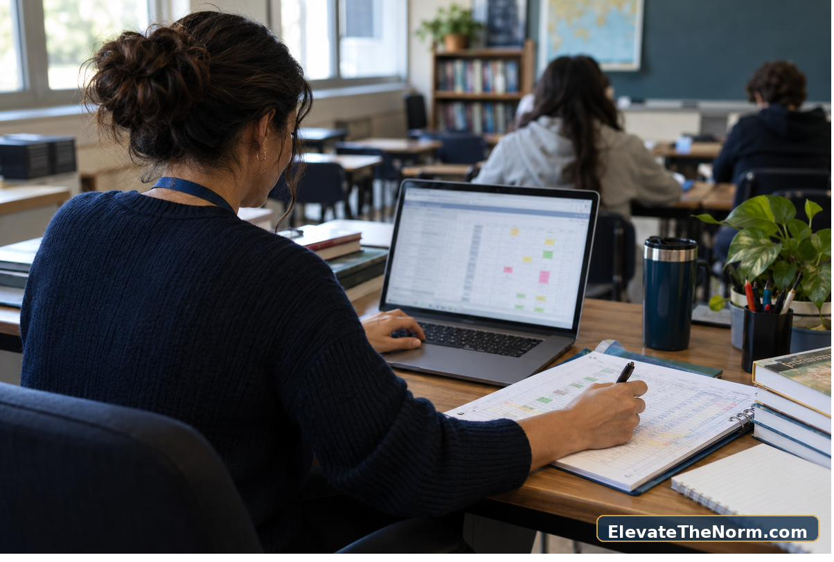 Teacher organizing standards-based grading evidence in a gradebook workflow