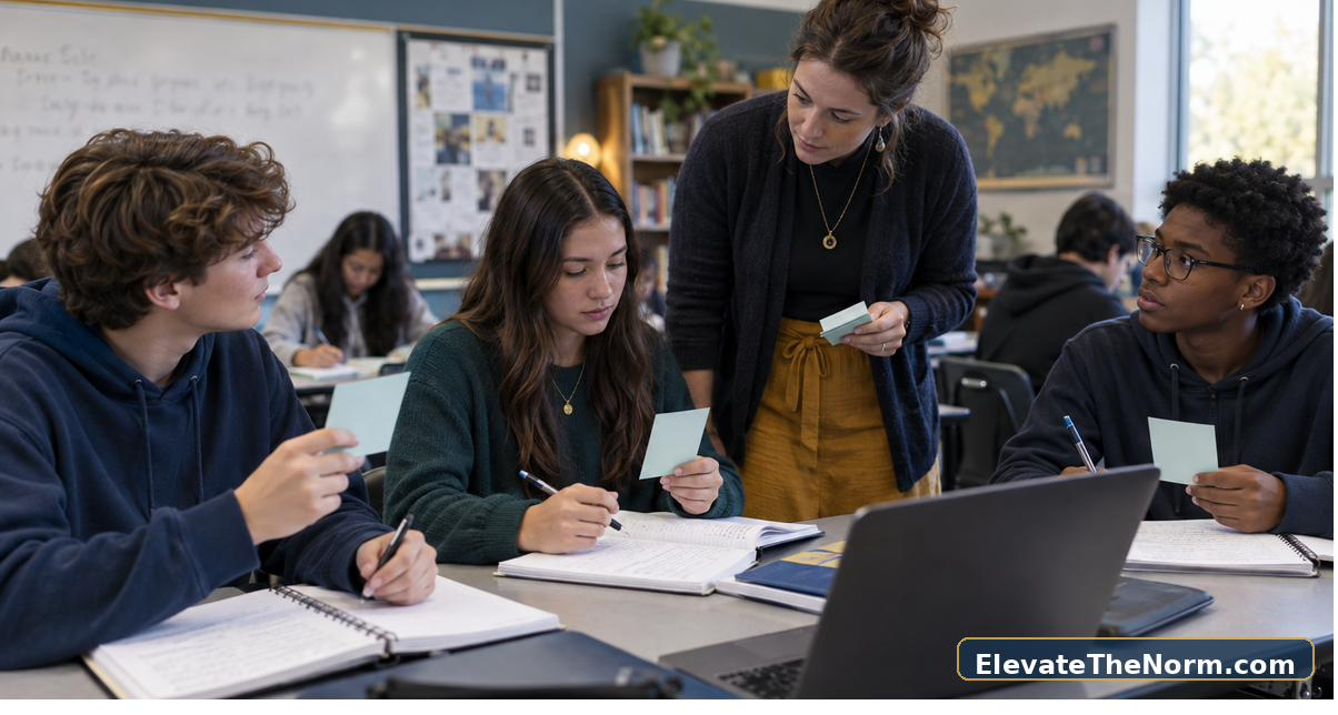 Secondary teacher checking student understanding during active classroom work