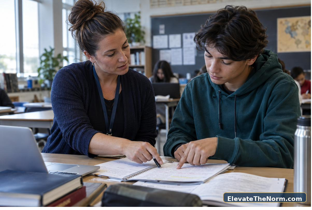 Teacher holding a brief formative feedback conference with a student
