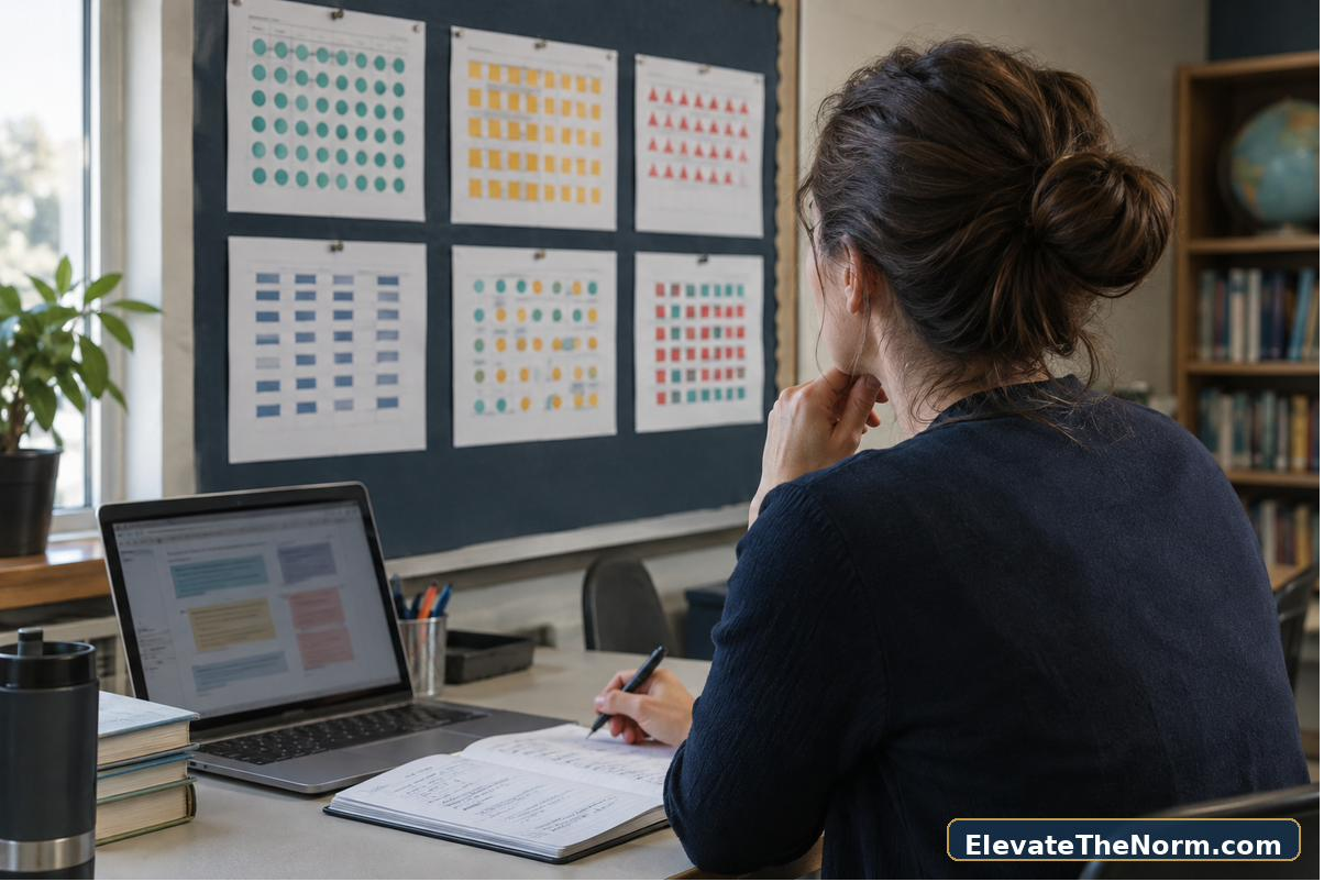 Secondary teacher reviewing anonymous class response patterns to plan instruction