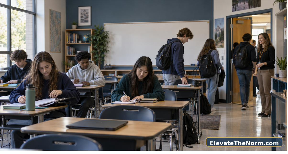 High school students beginning class through a calm classroom entry routine