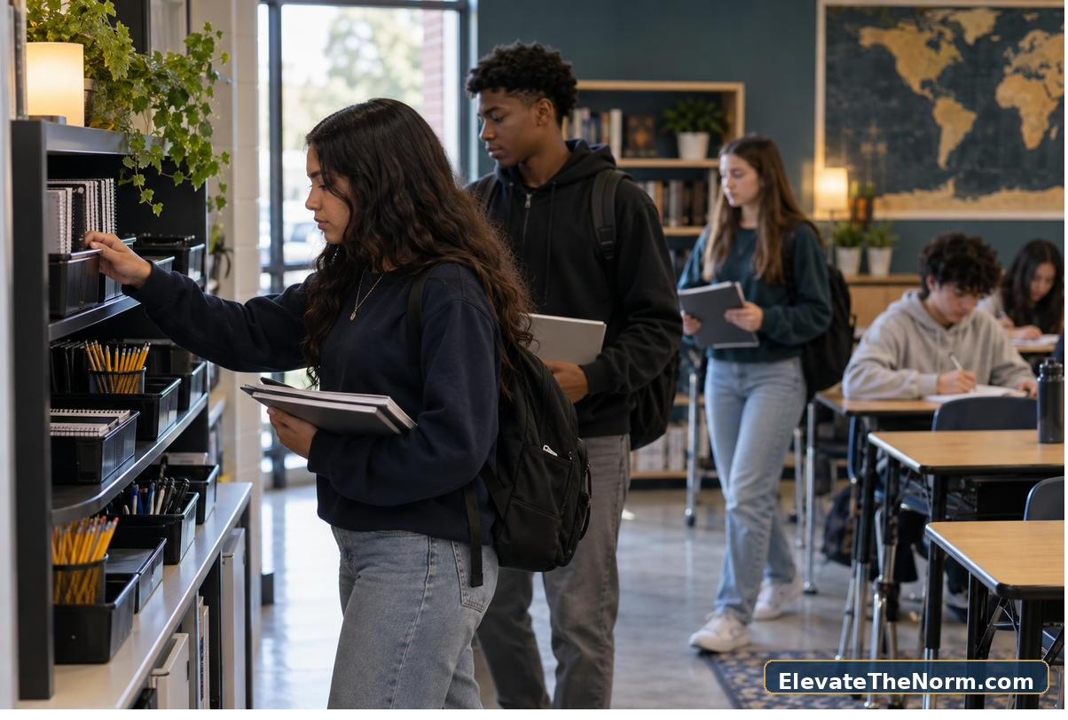 Secondary students collecting classroom materials through an organized entry routine
