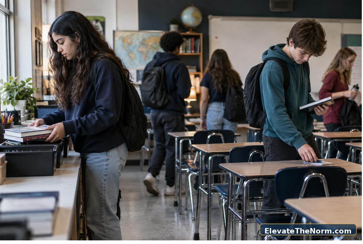 Secondary students completing an orderly end-of-class routine