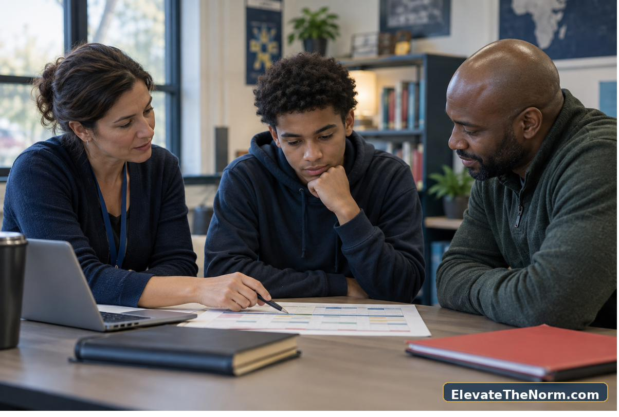 Teacher parent and high school student reviewing a shared next-step plan