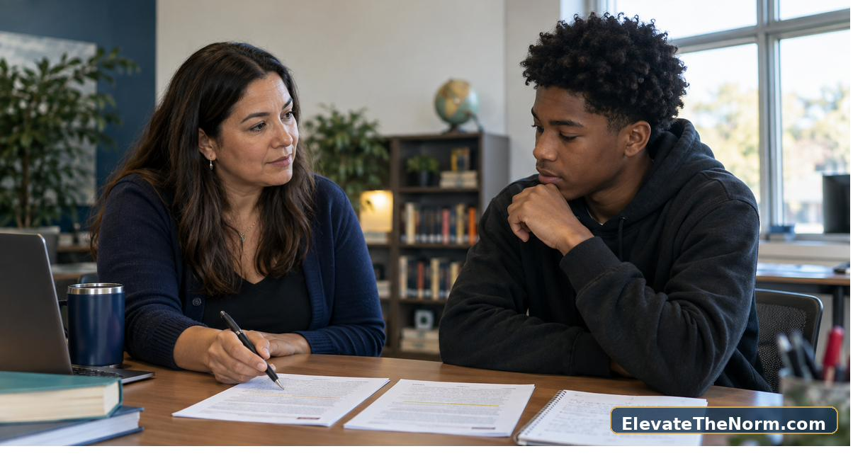 Teacher and high school student discussing evidence of original work privately