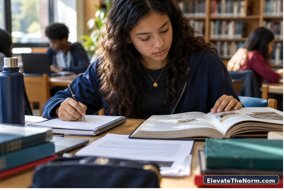 High school student using notes and sources to produce original work