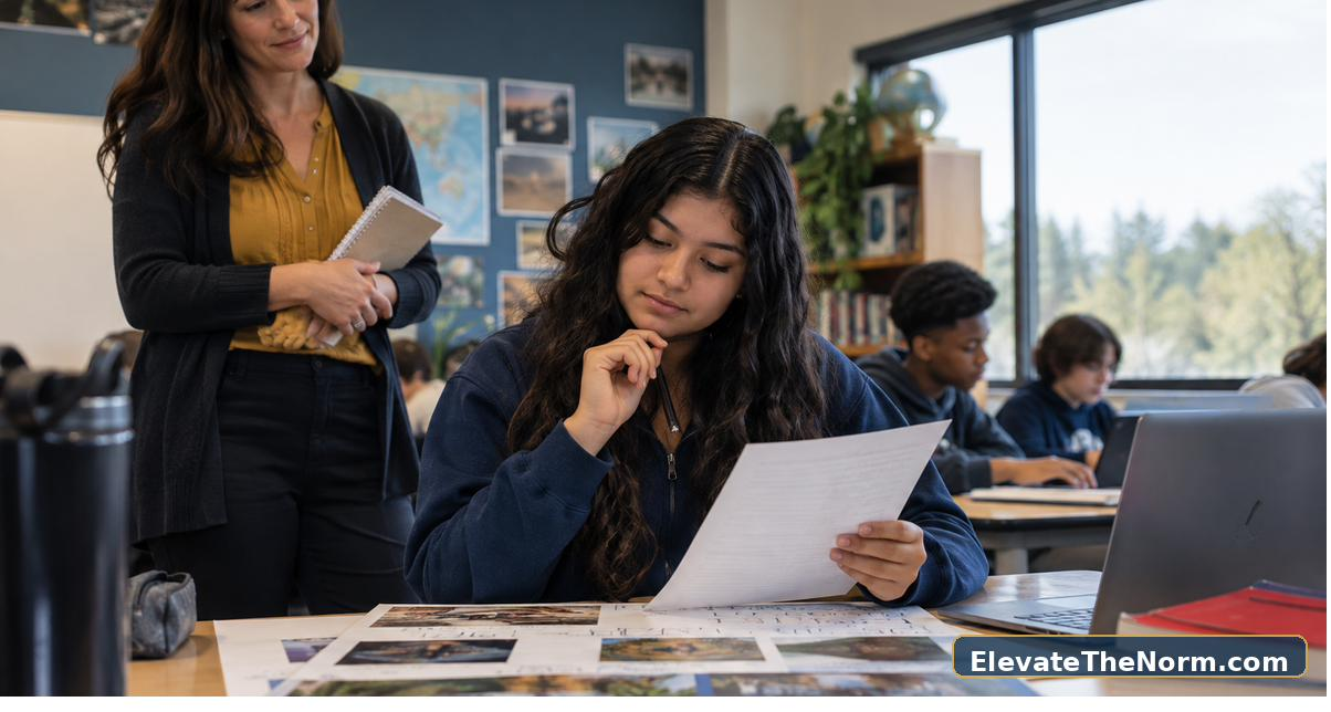 High school student reviewing project evidence with a self-assessment form