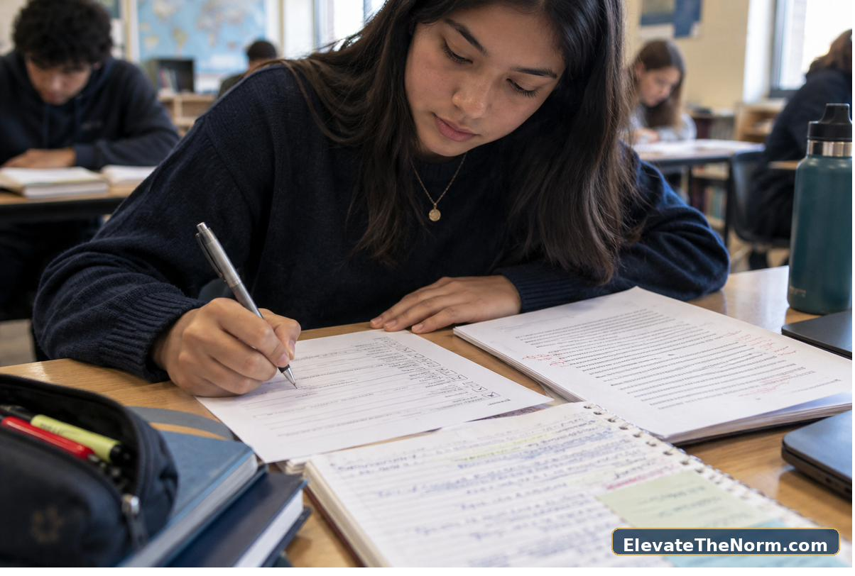 Secondary student completing a self-assessment form beside finished work