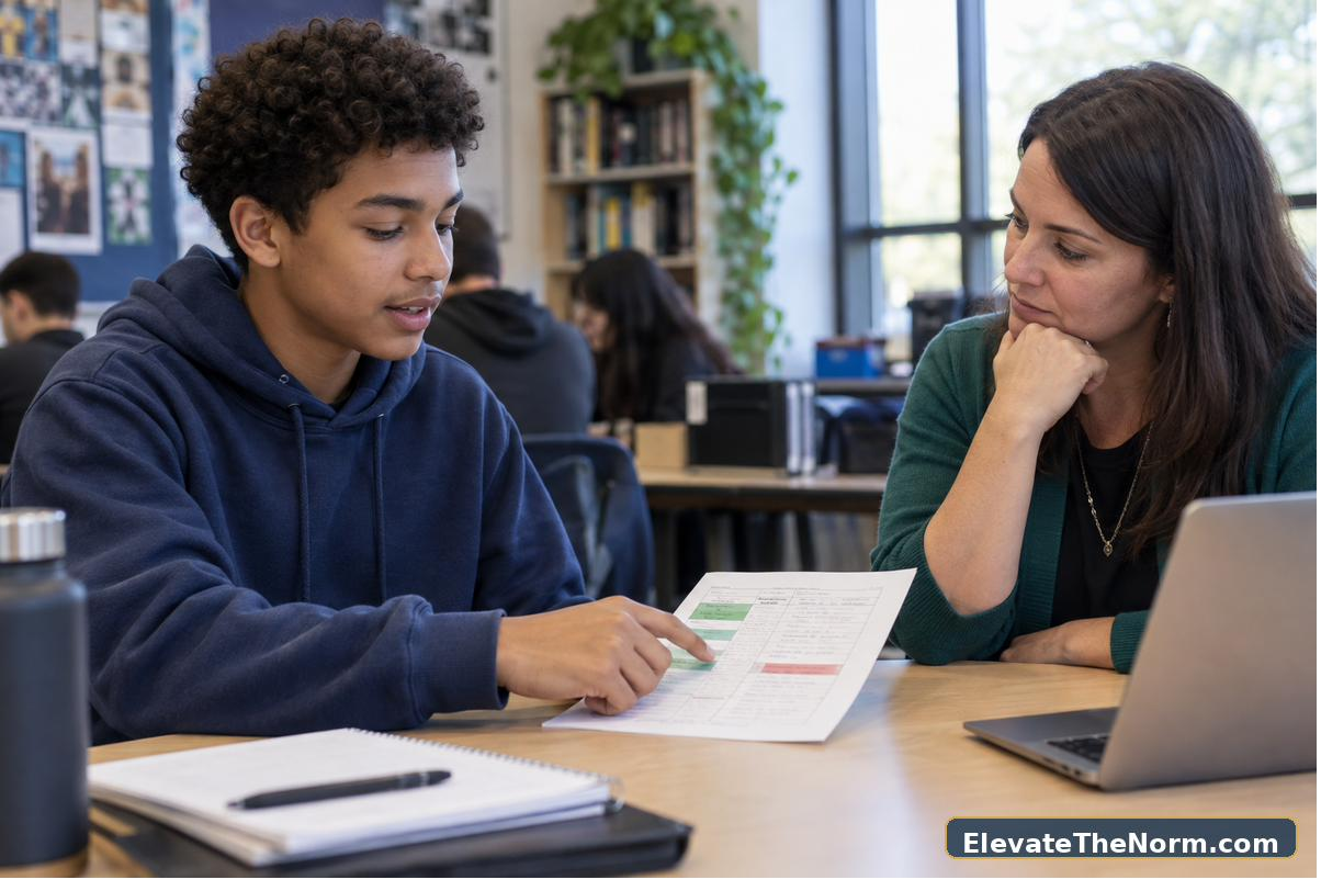 Student using a self-assessment to lead a progress conference with a teacher