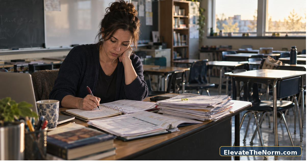 Secondary teacher reflecting on student work after class