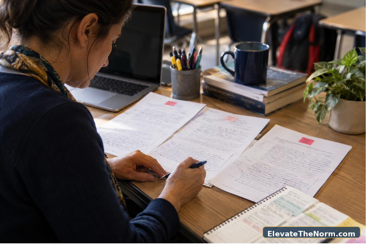 Teacher comparing student work samples while reflecting on a lesson