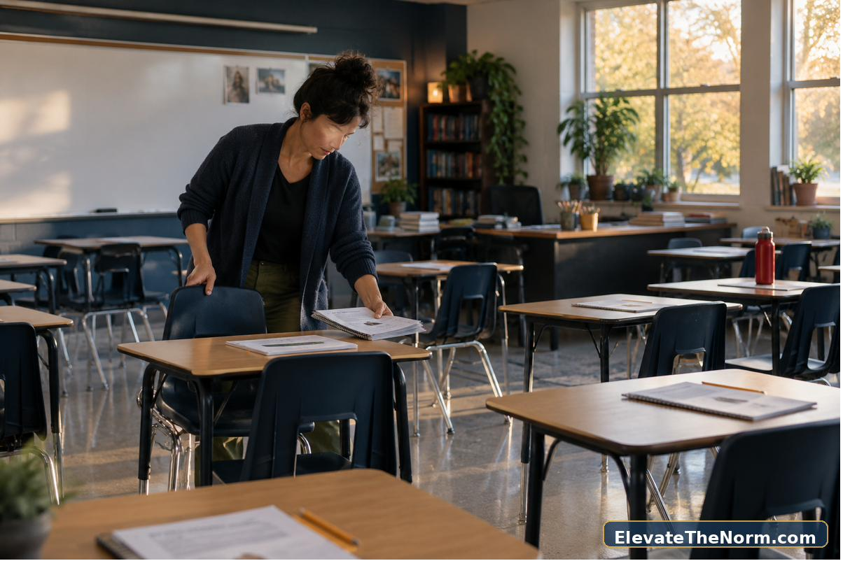 Teacher changing tomorrow's classroom setup after reflecting on instruction