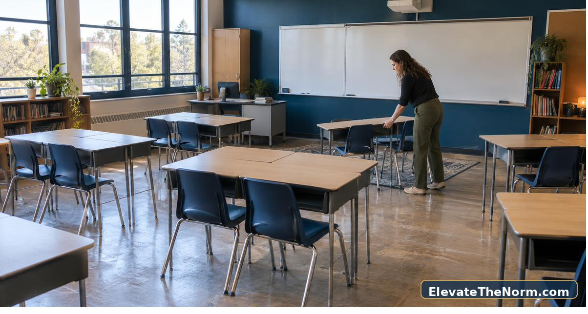 Secondary teacher planning a practical classroom seating chart in an empty classroom