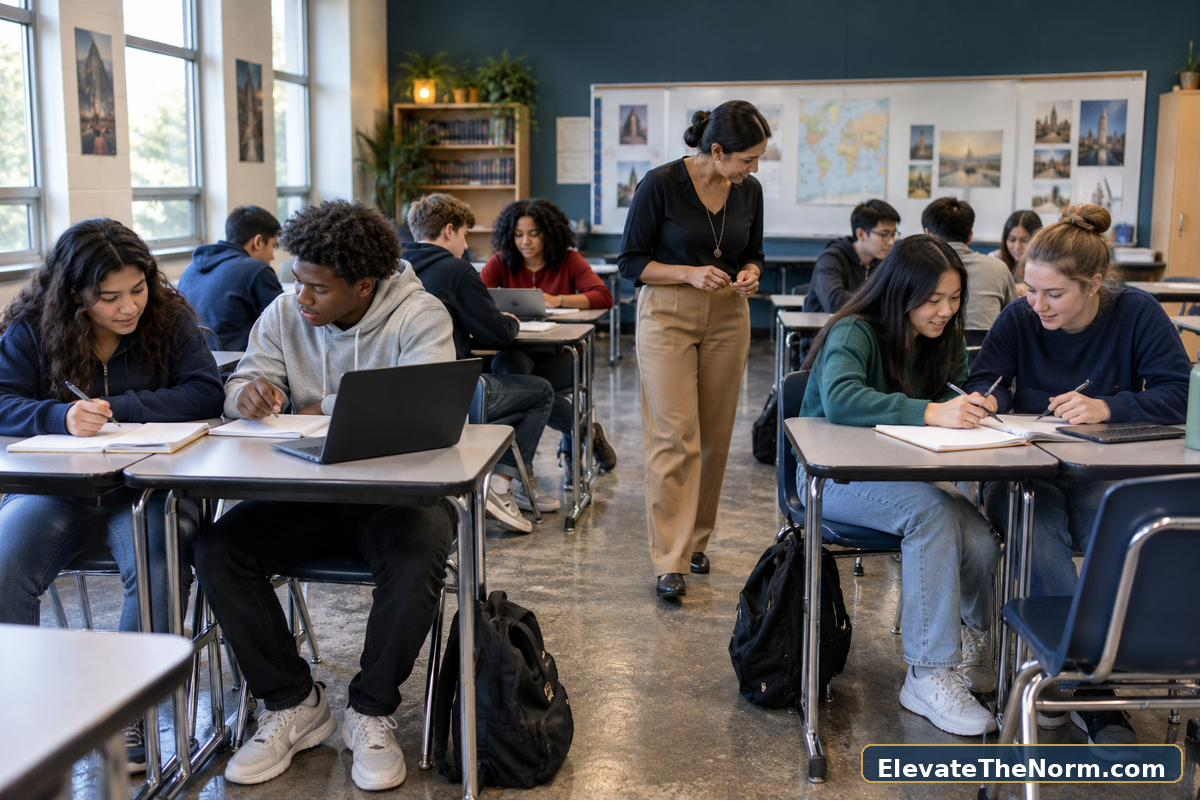 High school students working in thoughtfully arranged desk pairs