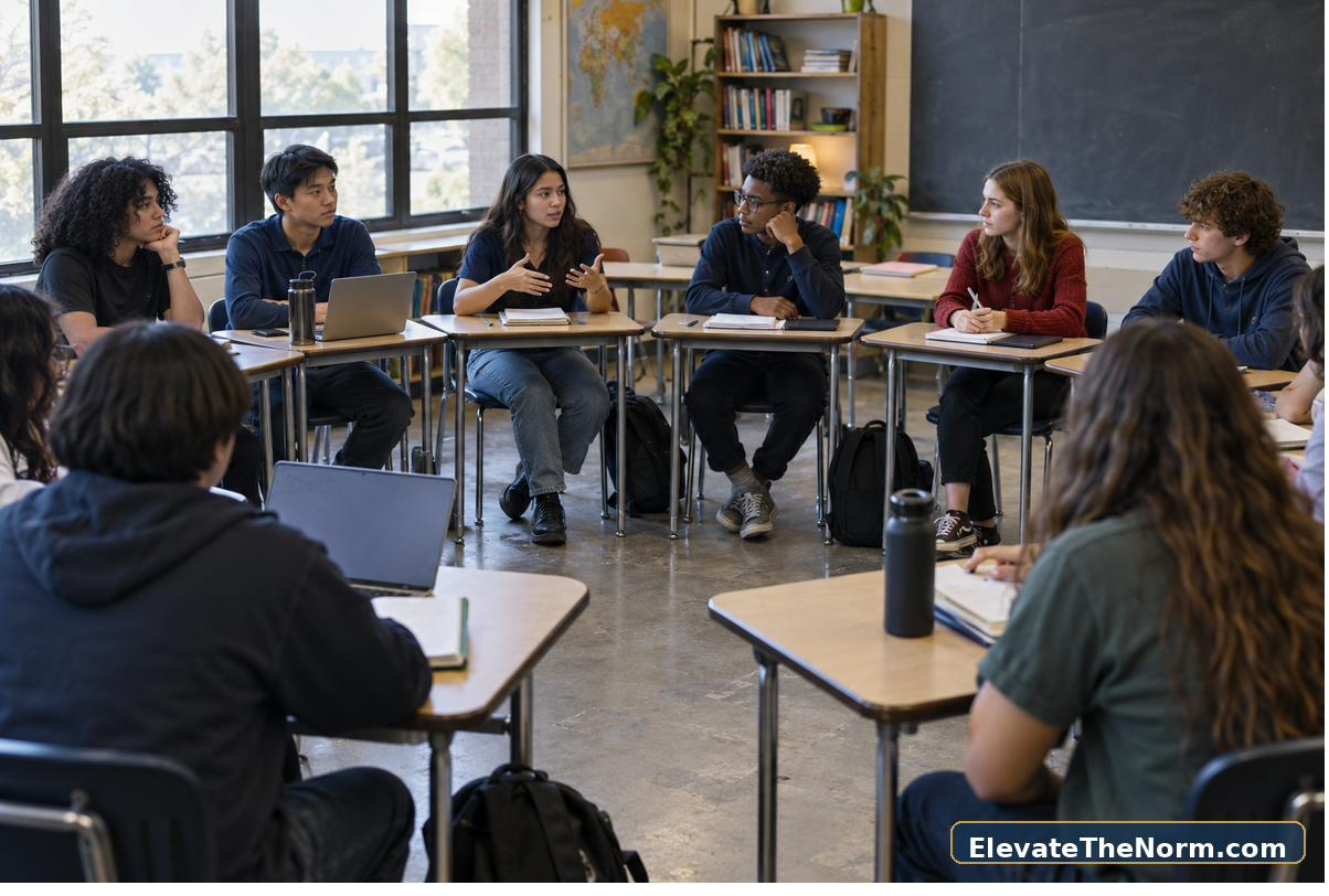 Secondary students participating in a horseshoe classroom discussion