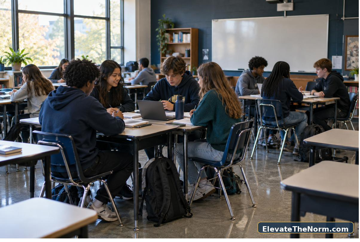 High school students working in a small-group classroom seating arrangement