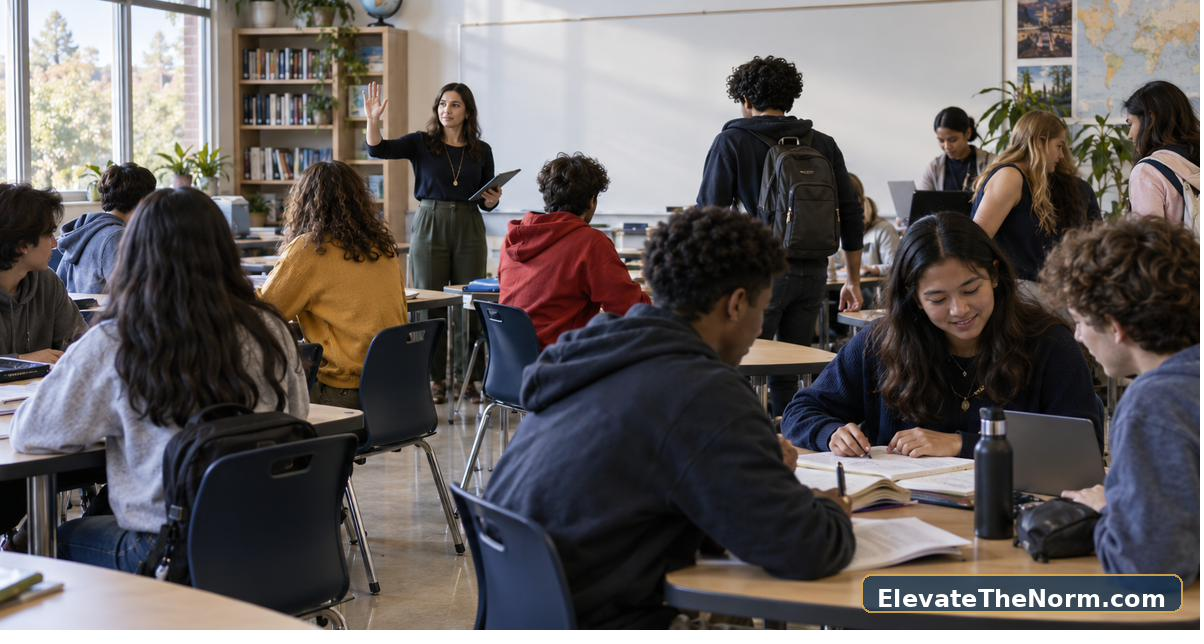High school class moving smoothly from whole-group instruction to collaborative work