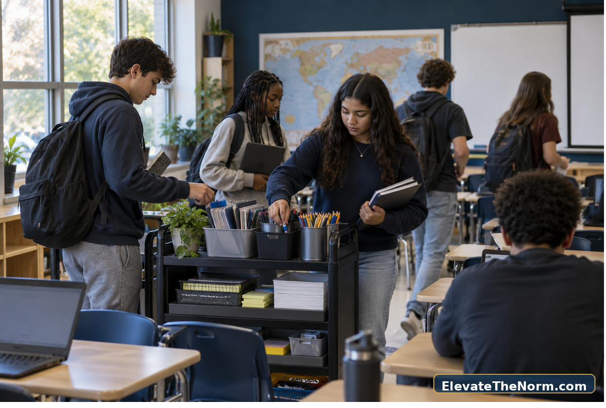 Secondary students using an organized supply station during a classroom transition