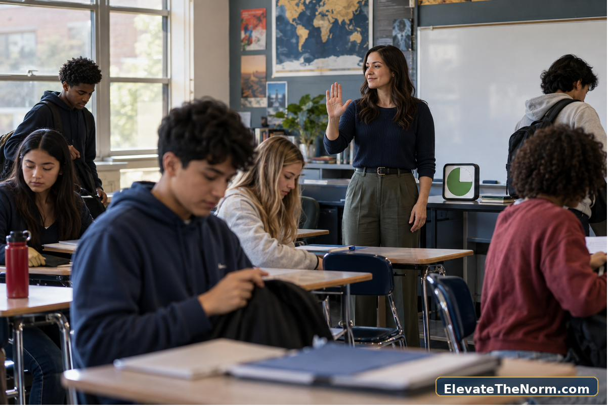 Teacher using a simple visual cue to guide a secondary classroom transition