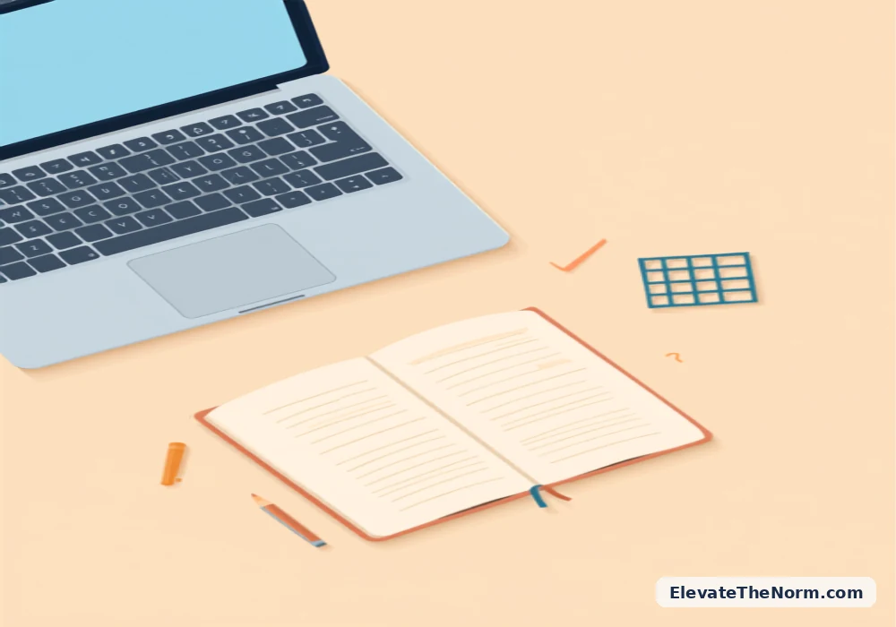 Illustration of a teacher's desk with a laptop, notebook, and checklist icons representing comparing project-based learning tools