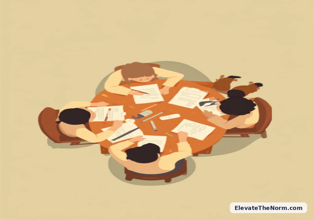 Illustration of middle-school students working together at a table on a hands-on project-based learning task