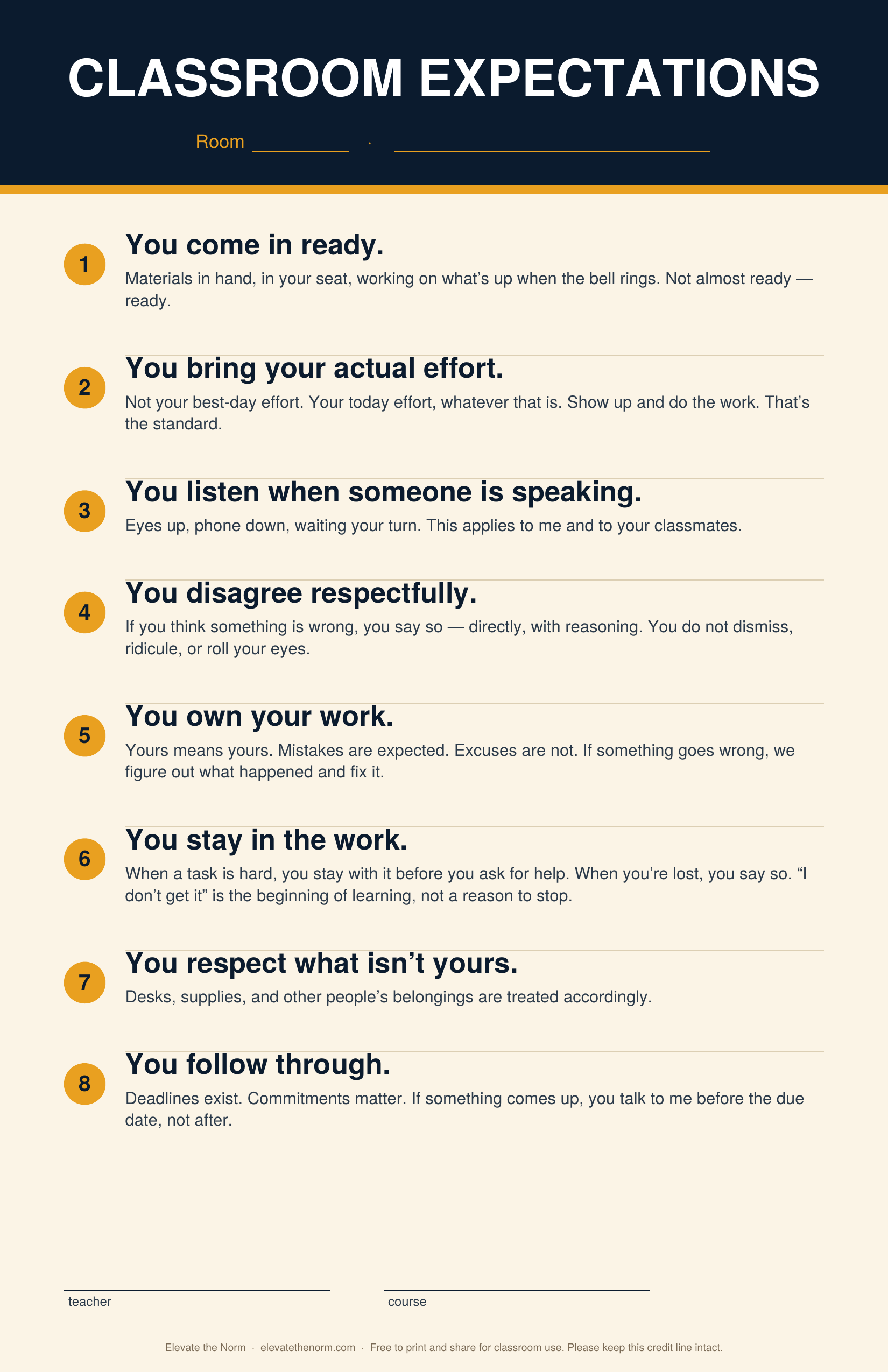Printable classroom expectations poster for grades 6-12 listing eight numbered expectations: you come in ready, you bring your actual effort, you listen when someone is speaking, you disagree respectfully, you own your work, you stay in the work, you respect what isn't yours, and you follow through, with blank lines for room number, teacher, and course