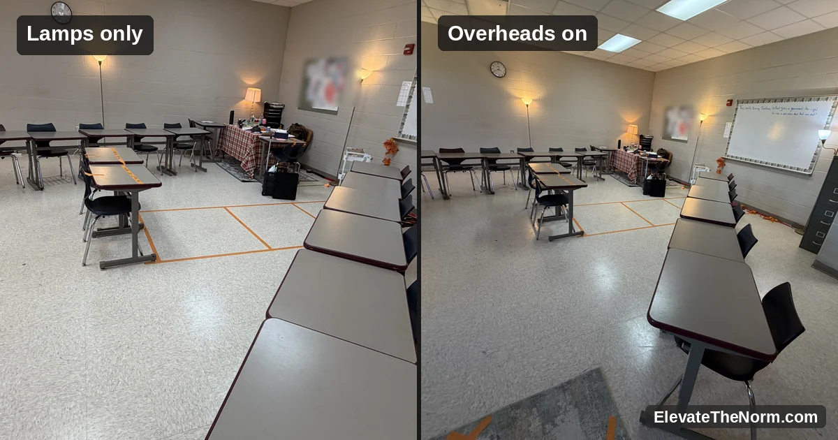 Side-by-side comparison of the same secondary classroom lit by floor lamps only and with the overhead fluorescent lights switched on