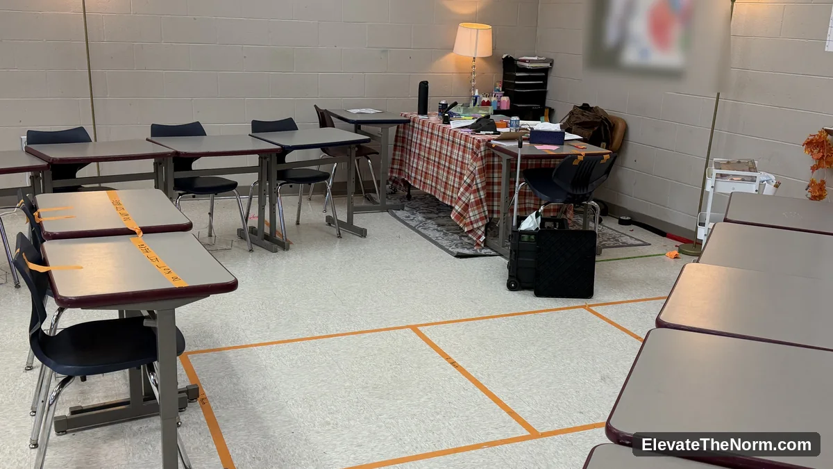 Floor lamps positioned around the perimeter of a classroom with tables arranged over a taped floor plan, showing lamp placement and clear walkways