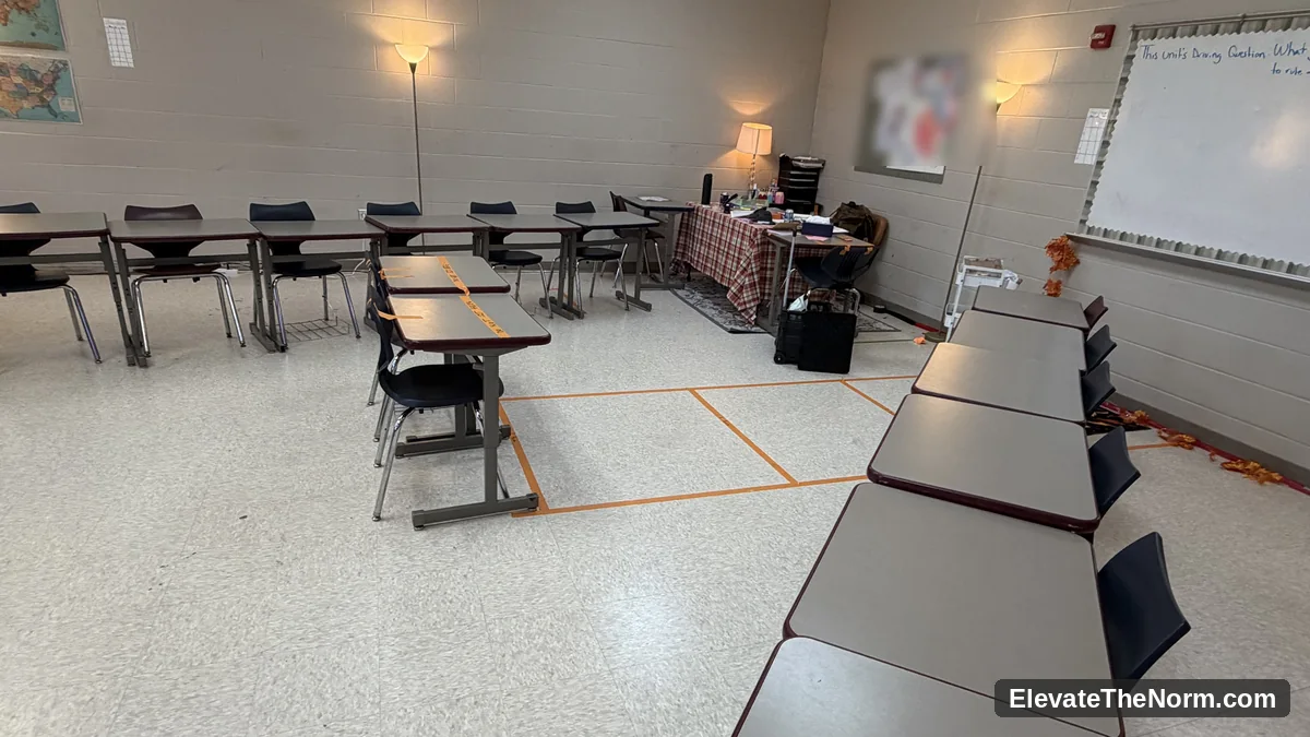 A secondary classroom lit only by floor lamps around the perimeter, overhead fluorescent fixtures switched off, with tables grouped and open floor space