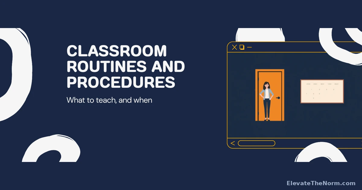 Illustration of a teacher greeting students at the classroom door beside a whiteboard showing a numbered daily agenda