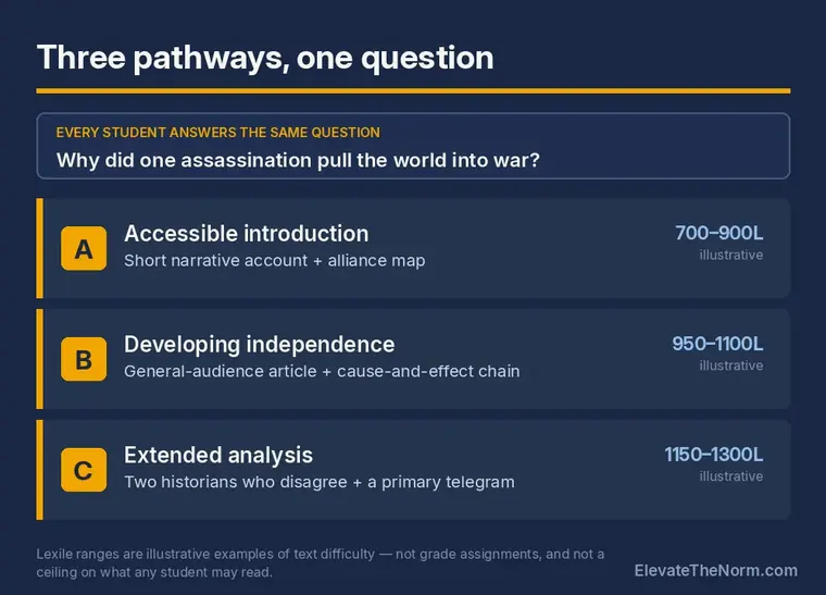 Three Differentiated Digital Reading Pathways Three reading pathways into one World War I question: an accessible narrative account, a general-audience article, and two historians who disagree, each with an illustrative Lexile range