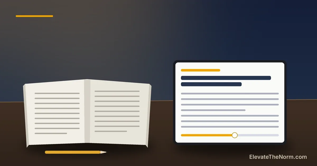 An open printed book and a tablet showing a readable article sit side by side on a classroom desk