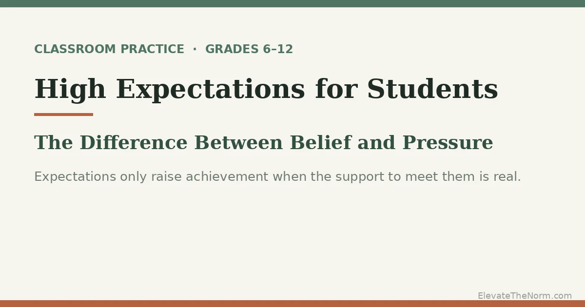 Title graphic for an article on high expectations for students, reading “High Expectations for Students: The Difference Between Belief and Pressure.”
