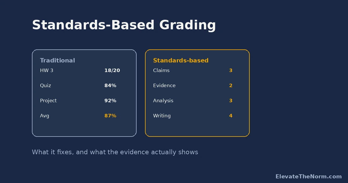 Side-by-side comparison of a traditional gradebook showing assignment percentages and a standards-based gradebook showing proficiency levels per standard
