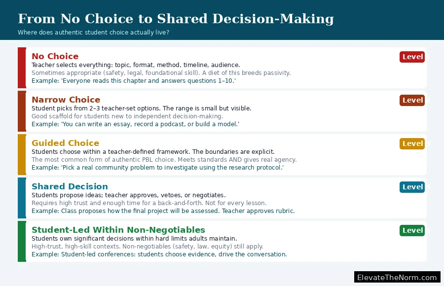 Five-level continuum diagram showing student voice and choice levels from no choice through narrow choice, guided choice, shared decision, and student-led within non-negotiables, with descriptions and classroom examples for each level