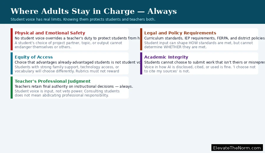 Five categories where adults must retain authority over student voice and choice: physical and emotional safety, legal and policy requirements, equity of access, academic integrity, and teacher professional judgment